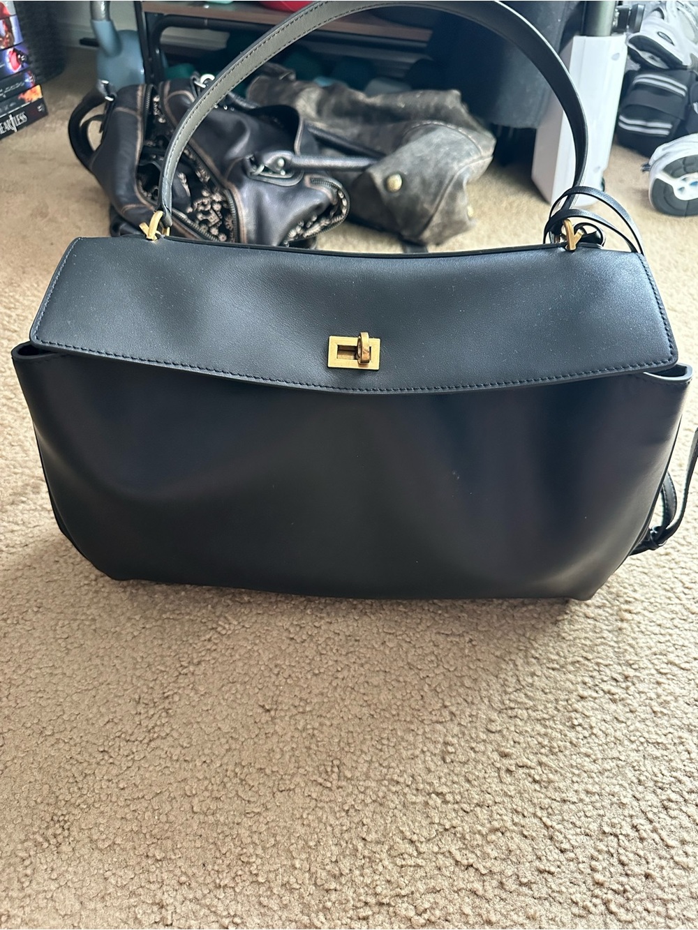 Classic Black Leather Shoulder Bag with Gold Hardware